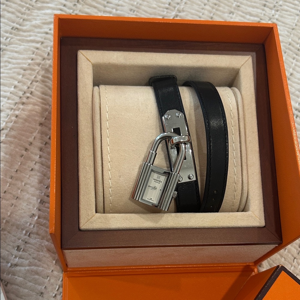 Hermes Black Leather Wrap Bracelet with Silver Padlock Accent